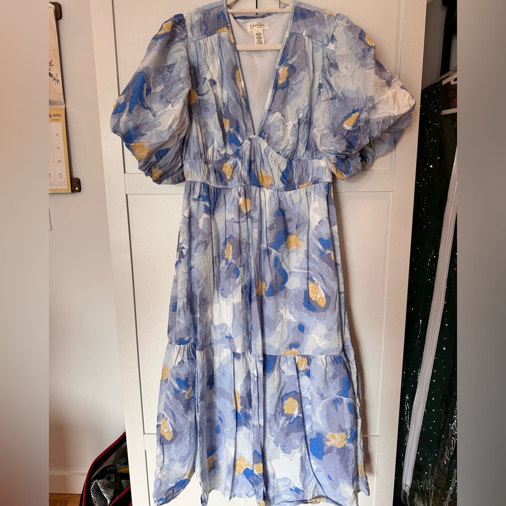 Jessica Simpson Blue Midi Dress with Puff Sleeves and V-Neck